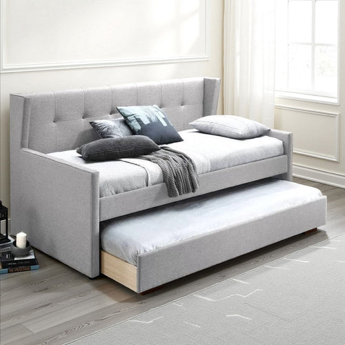 Diem Classic Wood Day Bed with Trundle, Button Tufted Back, Gray Burlap