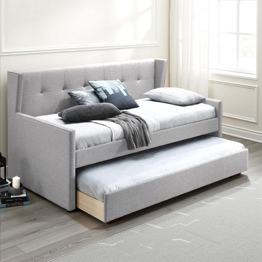 Diem Classic Wood Day Bed with Trundle, Button Tufted Back, Gray Burlap