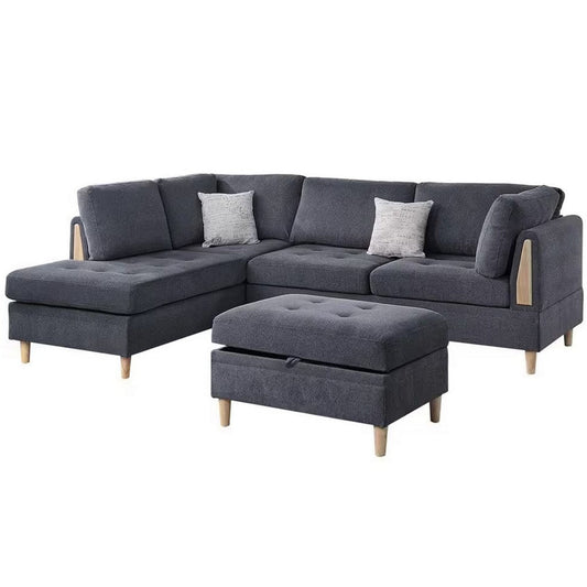 Cato 3 Piece L Shape Sectional Sofa Set with Ottoman, 2 Pillows, Charcoal