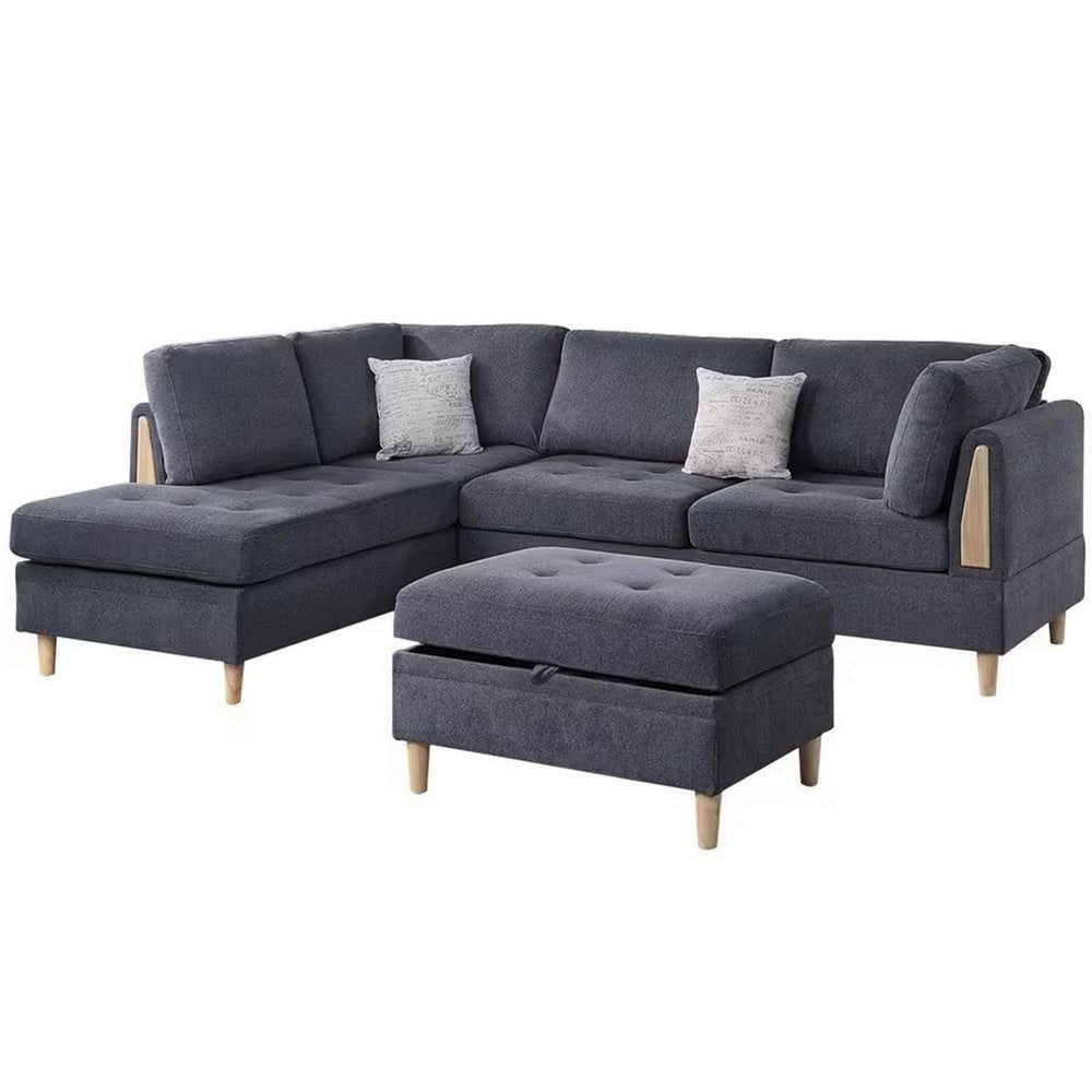 Cato 3 Piece L Shape Sectional Sofa Set with Ottoman, 2 Pillows, Charcoal