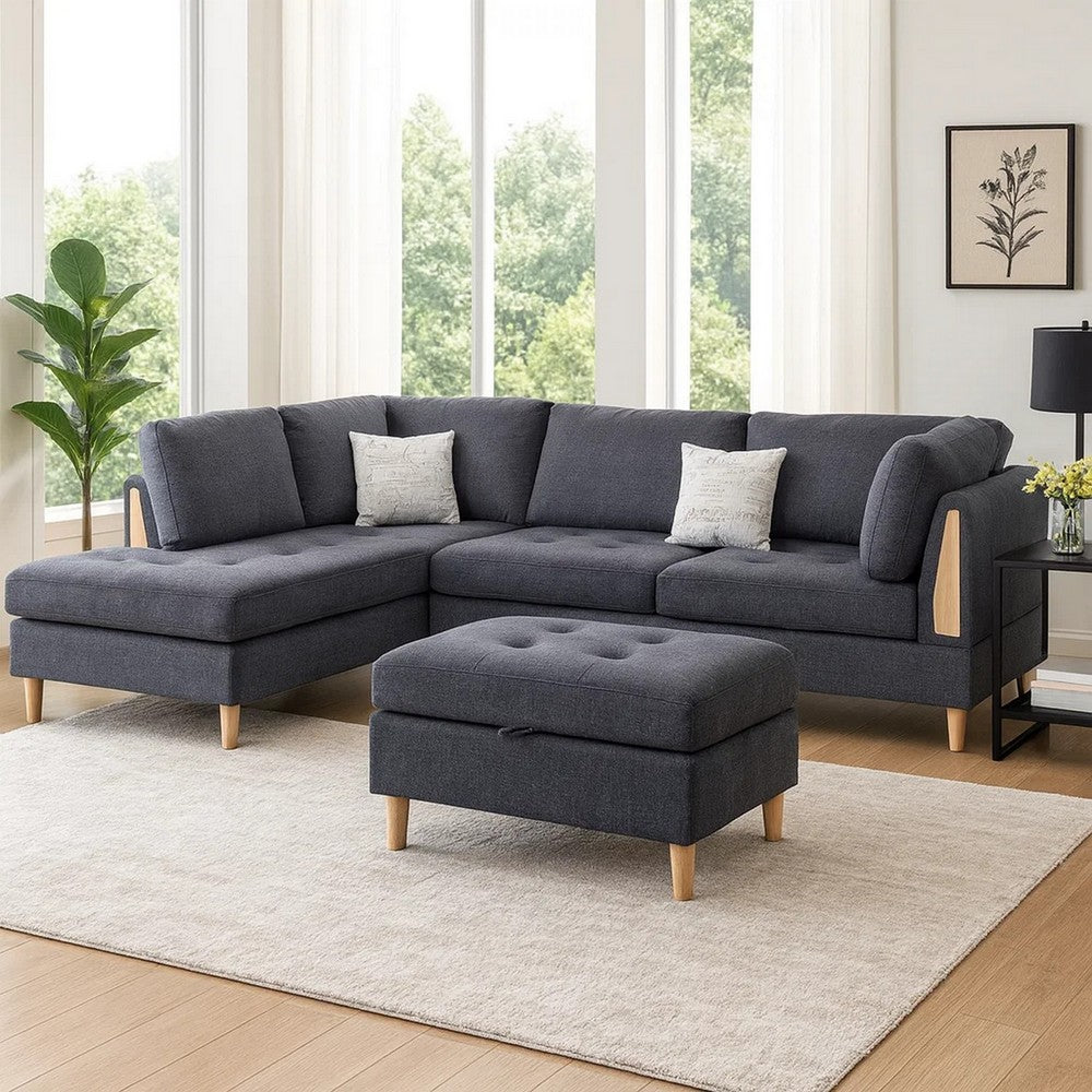 Cato 3 Piece L Shape Sectional Sofa Set with Ottoman, 2 Pillows, Charcoal