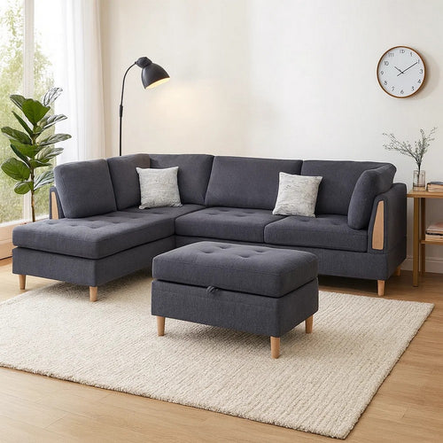 Cato 3 Piece L Shape Sectional Sofa Set with Ottoman, 2 Pillows, Charcoal