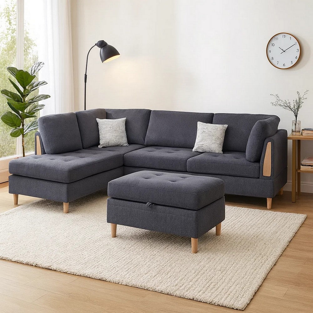 Cato 3 Piece L Shape Sectional Sofa Set with Ottoman, 2 Pillows, Charcoal