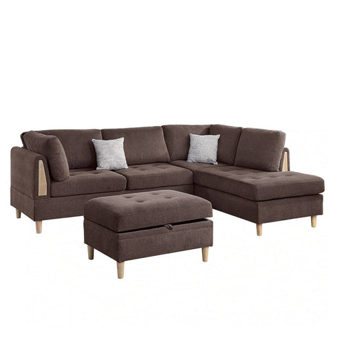 Cato 3 Piece L Shape Sectional Sofa Set with Ottoman, 2 Pillows, Brown