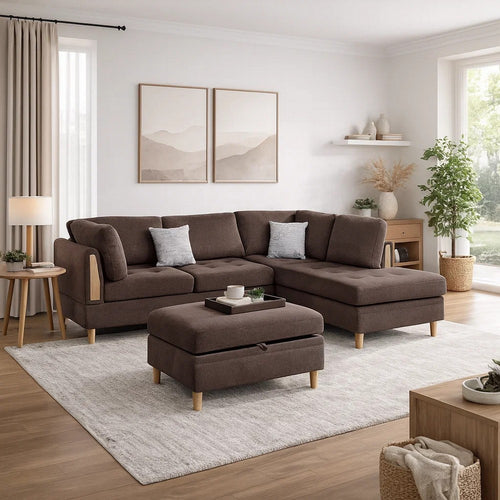 Cato 3 Piece L Shape Sectional Sofa Set with Ottoman, 2 Pillows, Brown