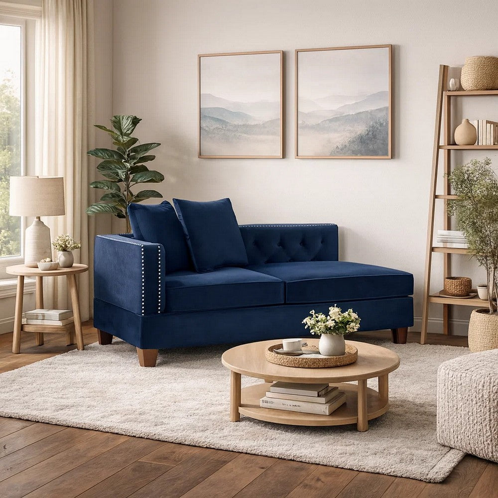 Mina 58 Inch One Arm Reversible Chaise, 2 Pillows, Nailhead Trim, Indigo By Casagear Home