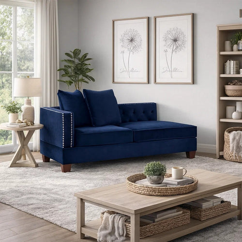 Mina 58 Inch One Arm Reversible Chaise, 2 Pillows, Nailhead Trim, Indigo By Casagear Home