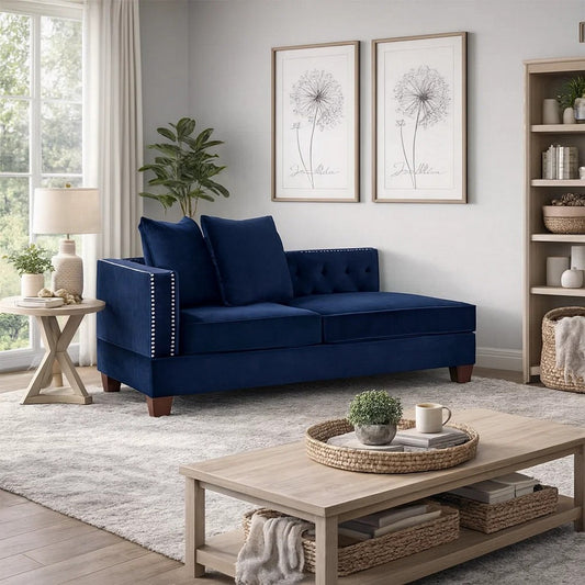 Mina 58 Inch One Arm Reversible Chaise, 2 Pillows, Nailhead Trim, Indigo By Casagear Home