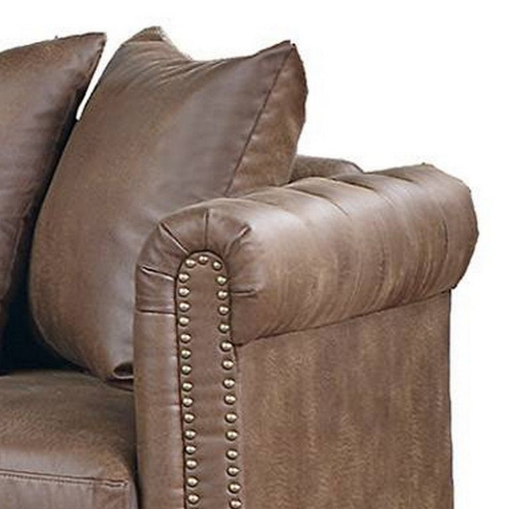 Simi 61 Inch One Arm Chaise 2 Pillows Nailhead Trim Brown Faux Leather By Casagear Home BM300276