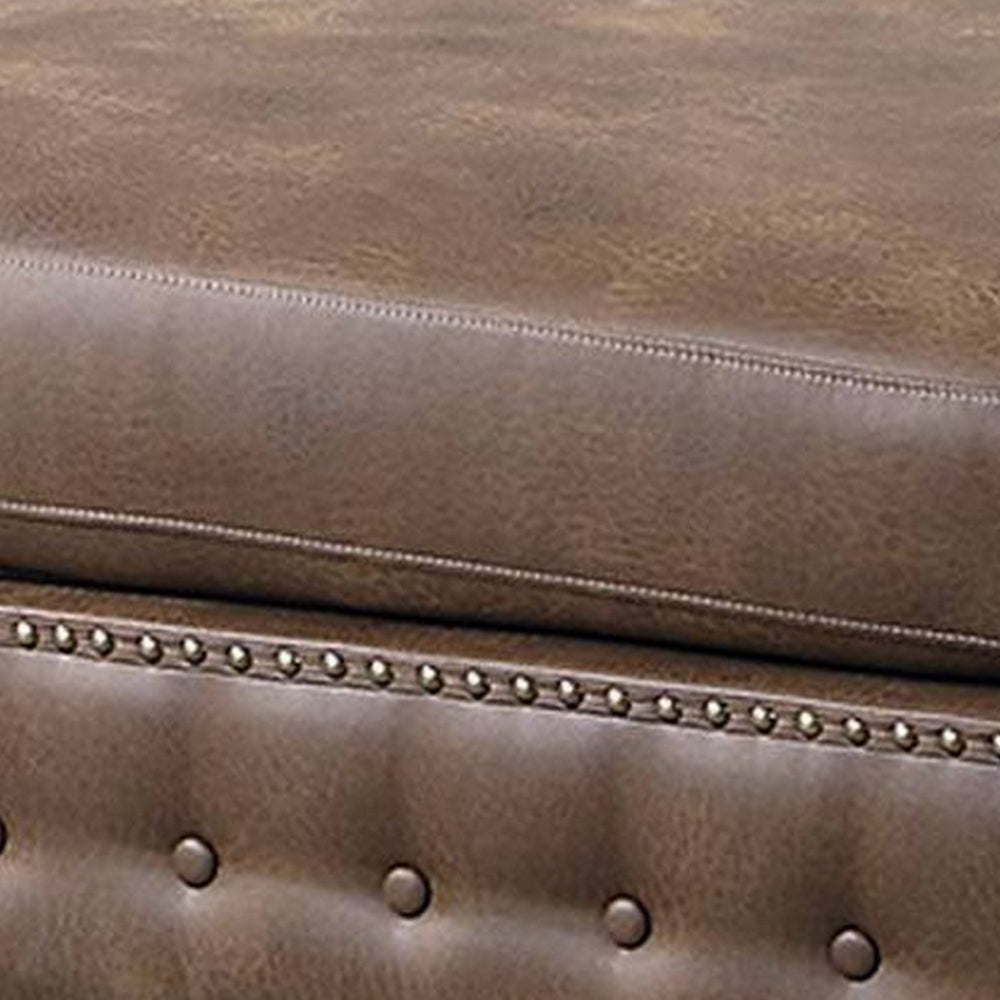 Simi 34 Inch Square Ottoman Handcrafted Legs Brown Vegan Faux Leather By Casagear Home BM300277