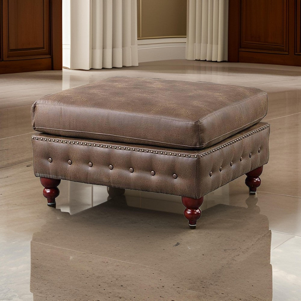 Simi 34 Inch Square Ottoman Handcrafted Legs Brown Vegan Faux Leather By Casagear Home BM300277