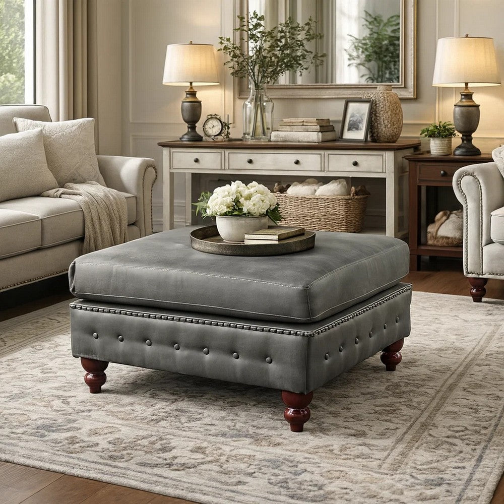 Simi 34 Inch Square Ottoman, Handcrafted Legs, Gray Vegan Faux Leather By Casagear Home