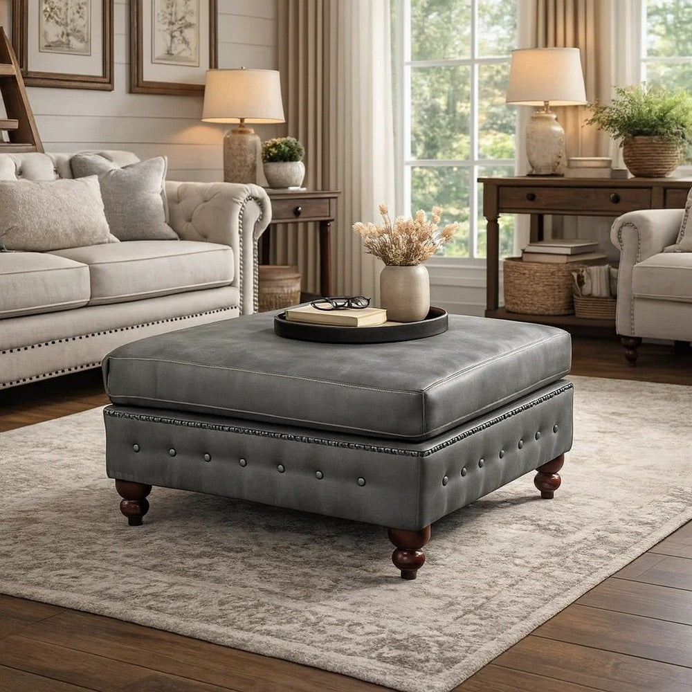 Simi 34 Inch Square Ottoman, Handcrafted Legs, Gray Vegan Faux Leather By Casagear Home