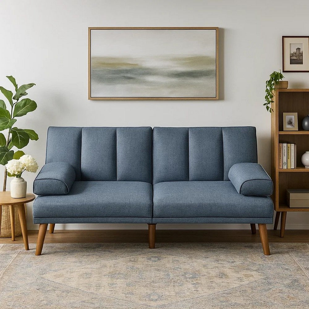 Dora 71 Inch Adjustable Futon Sofa Bed with Vertical Channel Tufting, Blue