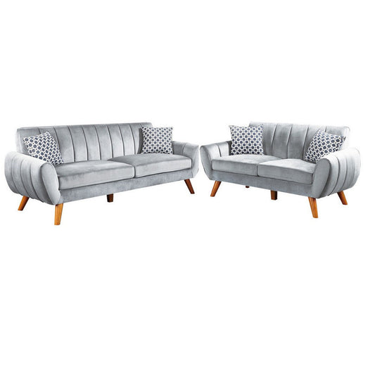 Eula 2 Piece Sofa and Loveseat Set with 4 Throw Pillows, Light Gray Velvet By Casagear Home