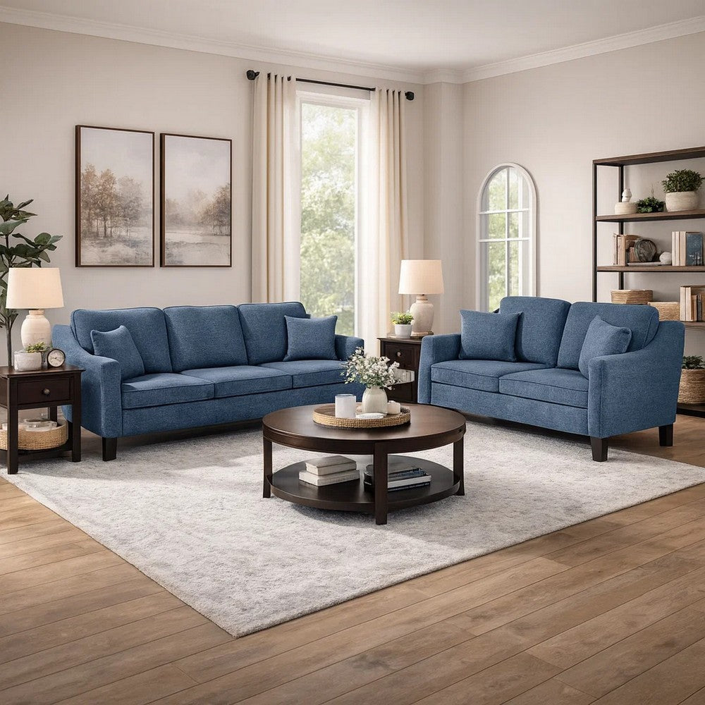 Gaia 2 Piece Sofa and Loveseat Set, 4 Throw Pillows, Cushioned Navy Blue