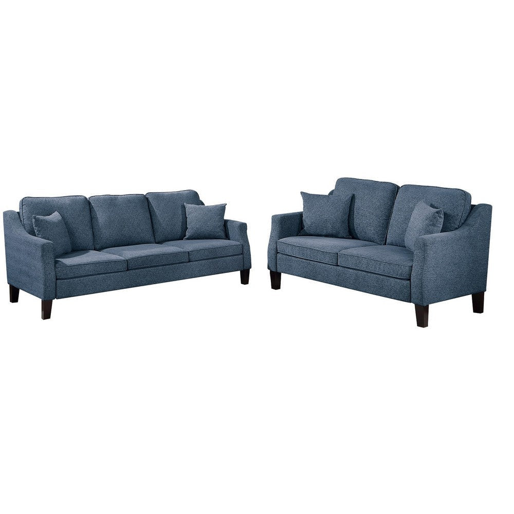 Gaia 2 Piece Sofa and Loveseat Set, 4 Throw Pillows, Cushioned Navy Blue