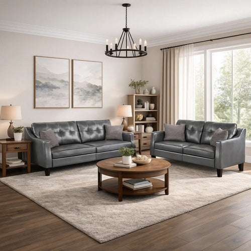 Hera 2 Piece Sofa and Loveseat Set, 4 Pillows, Classic Gray Faux Leather