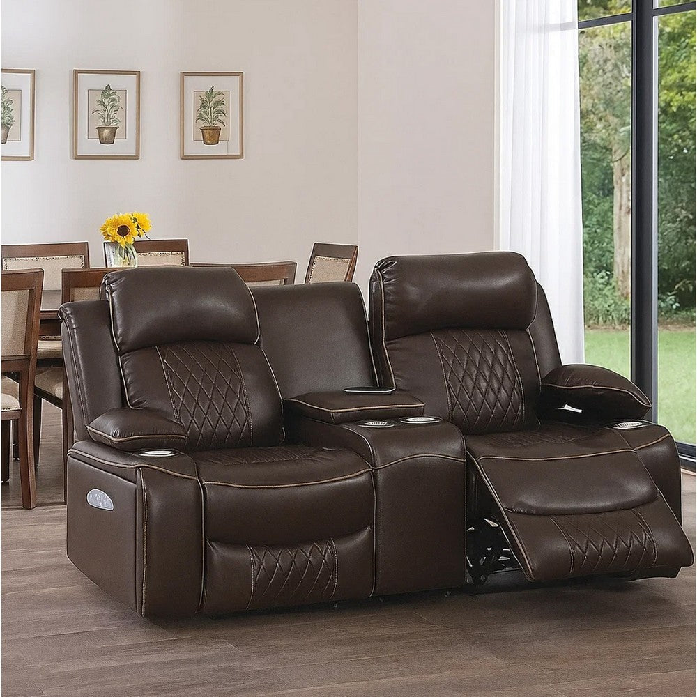 Seda 71 Inch Power Reclining Loveseat Storage Console Brown Faux Leather
