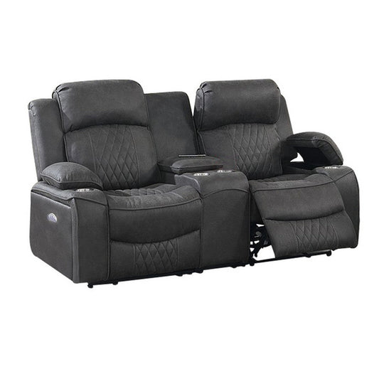 Seda 71 Inch Power Reclining Loveseat, Storage Console, Gray Faux Leather