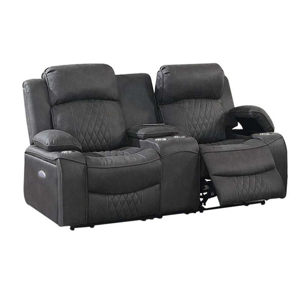 Seda 71 Inch Power Reclining Loveseat, Storage Console, Gray Faux Leather