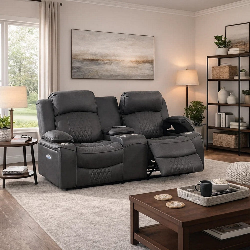 Seda 71 Inch Power Reclining Loveseat, Storage Console, Gray Faux Leather
