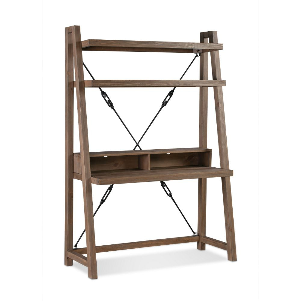 76 Inch Ladder Style Bookcase, Desk, 2 Shelves, Pine Wood Frame, Brown