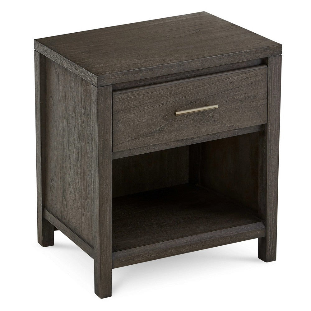 Fang 26 Inch Modern Nightstand, Single Large Gliding Drawer, Rustic Brown 