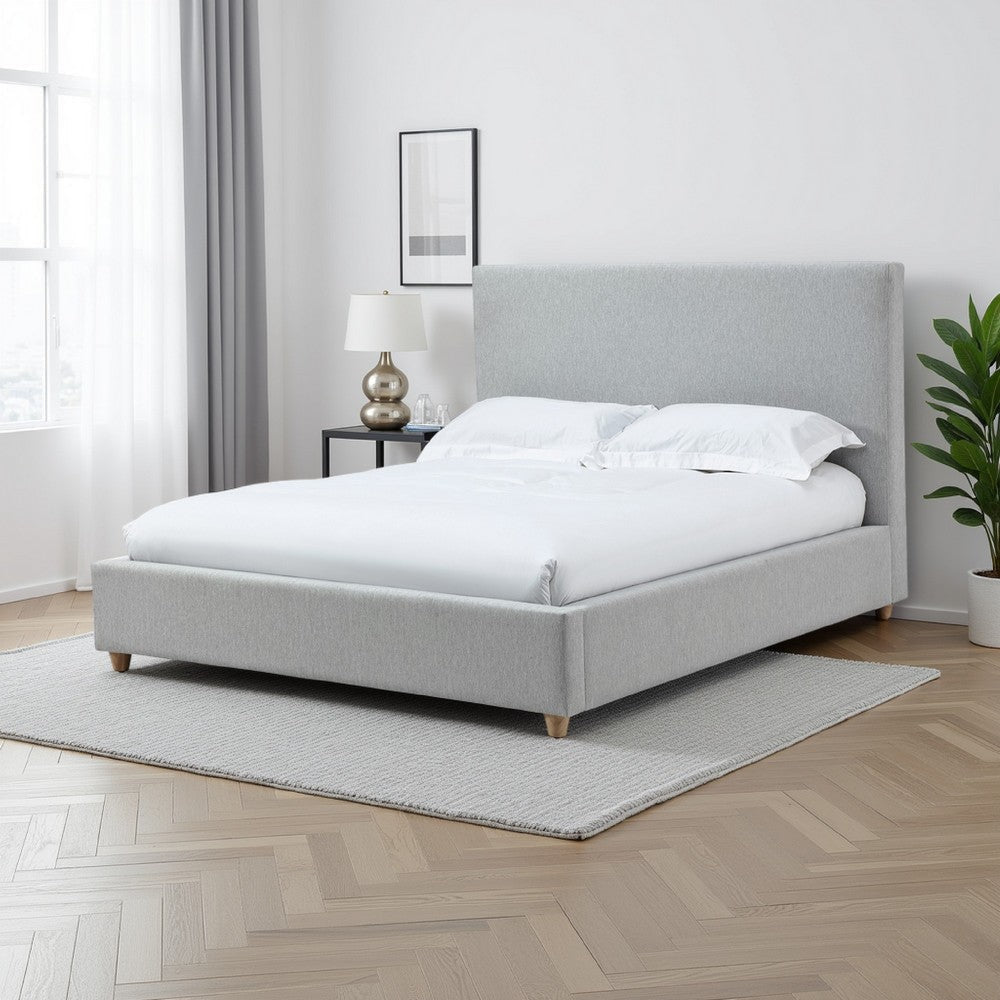 Azin Modern King Size Platform Bed, Panel Headboard, Light Gray Upholstery