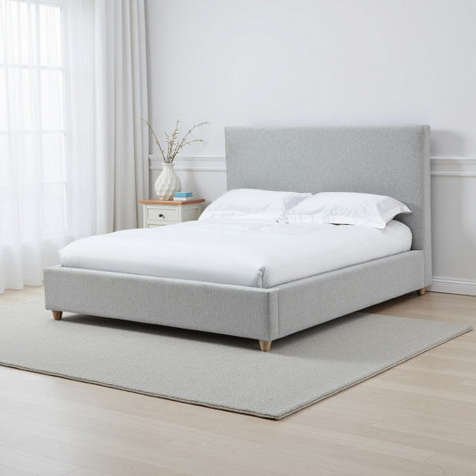 Azin Modern Queen Size Platform Bed, Panel Headboard, Light Gray Upholstery