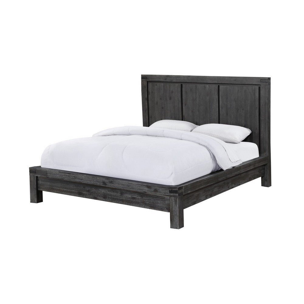 Gael Full Size Bed, Acacia Wood, Panel Headboard, Wire Brushed Gray Finish