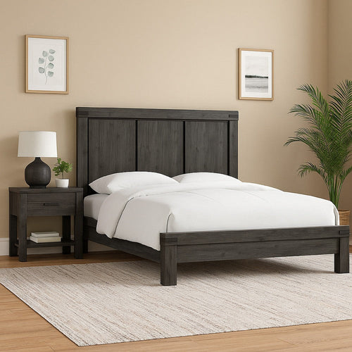 Gael Full Size Bed, Acacia Wood, Panel Headboard, Wire Brushed Gray Finish