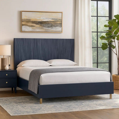 Herst Modern California King Bed, Brass Metal Legs, Wavy Texture Navy Blue