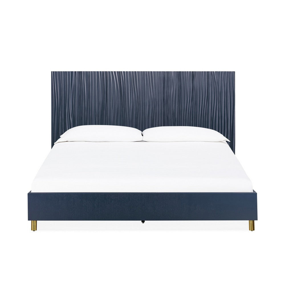 Herst Modern Queen Bed Brass Metal Legs Wavy Textured Navy Blue Headboard BM300361