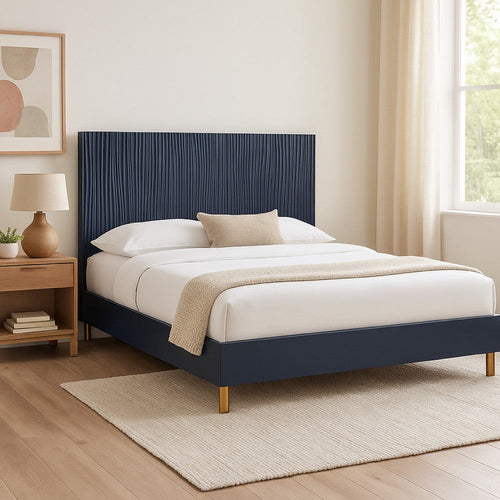Herst Modern Queen Bed, Brass Metal Legs, Wavy Textured Navy Blue Headboard