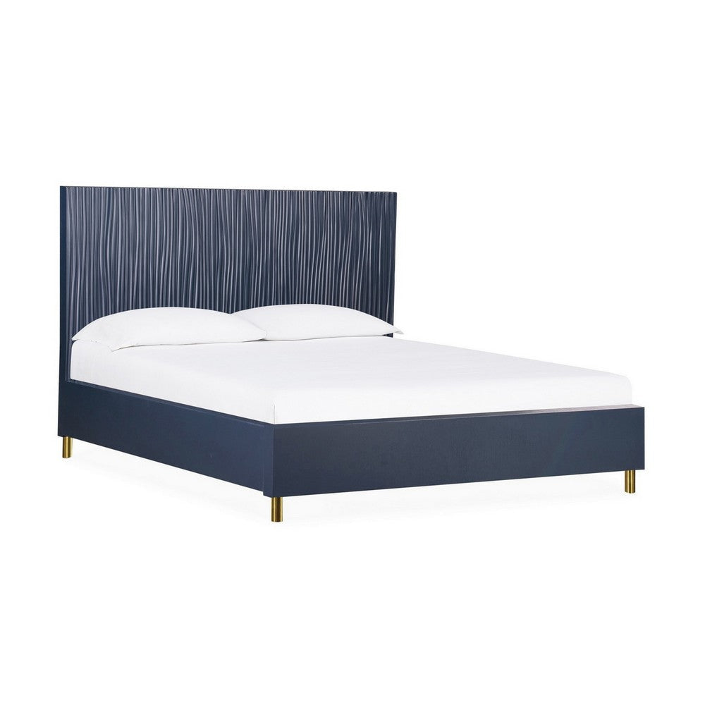 Herst Modern Queen Bed, Brass Metal Legs, Wavy Textured Navy Blue Headboard