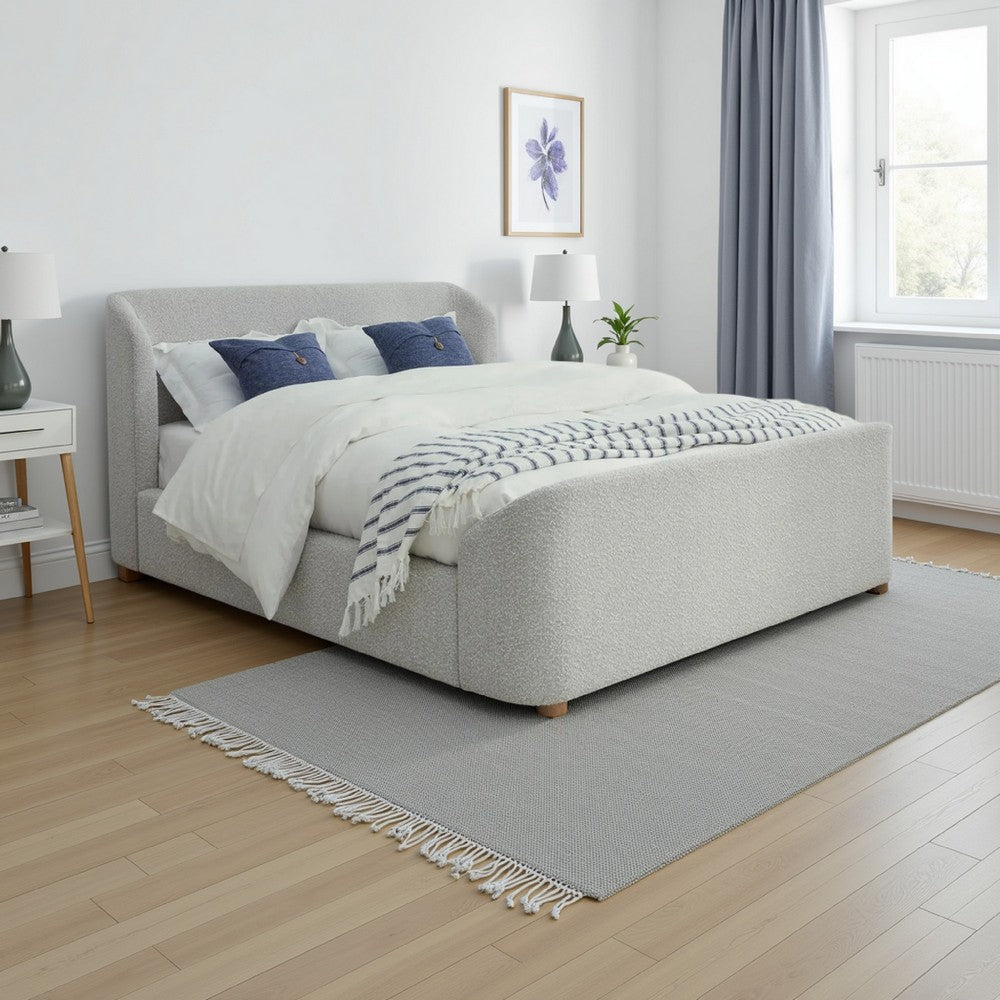 Kaven Modern King Size Platform Bed, Gray Boucle Upholstery, Wingback Panel