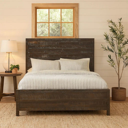 Cas King Size Bed, Rustic Rough Hewn Solid Wood Planks, Dark Gray Wood