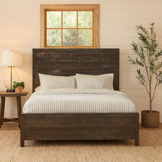 Cas King Size Bed, Rustic Rough Hewn Solid Wood Planks, Dark Gray Wood