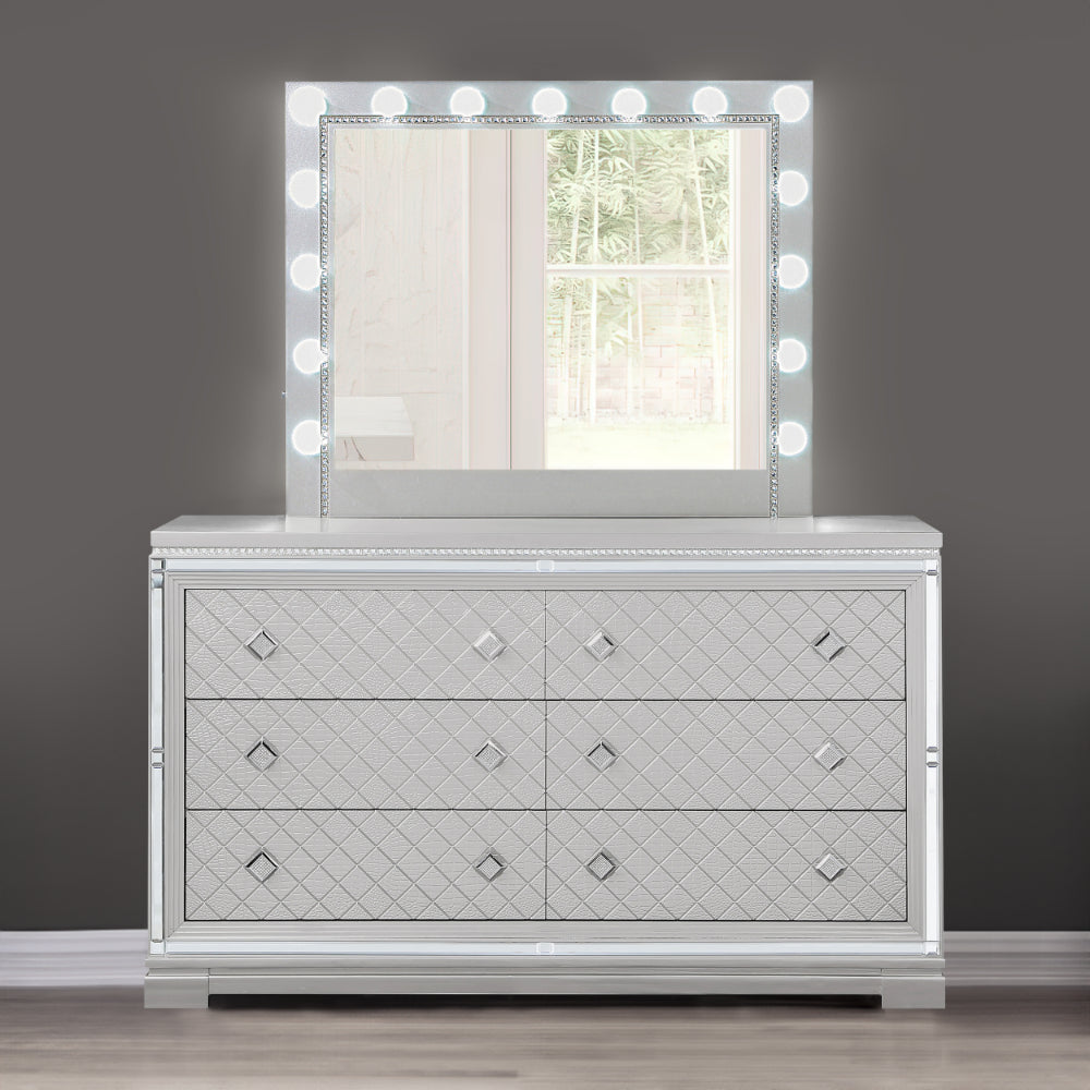 Fery 62 Inch Wide Dresser Chest with 6 Drawers, Crossed Design, Silver By Casagear Home