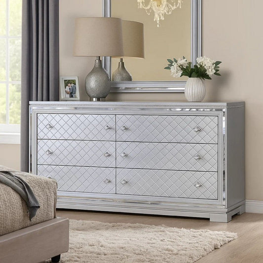 Fery 62 Inch Wide Dresser Chest with 6 Drawers, Crossed Design, Silver By Casagear Home