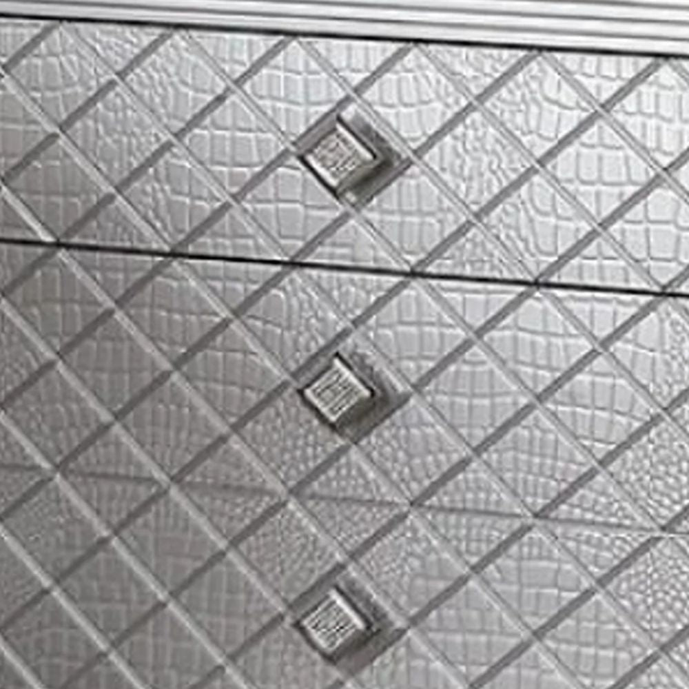 Fery 29 Inch Nightstand with 3 Drawers Crossed Design Silver Finish BM300501