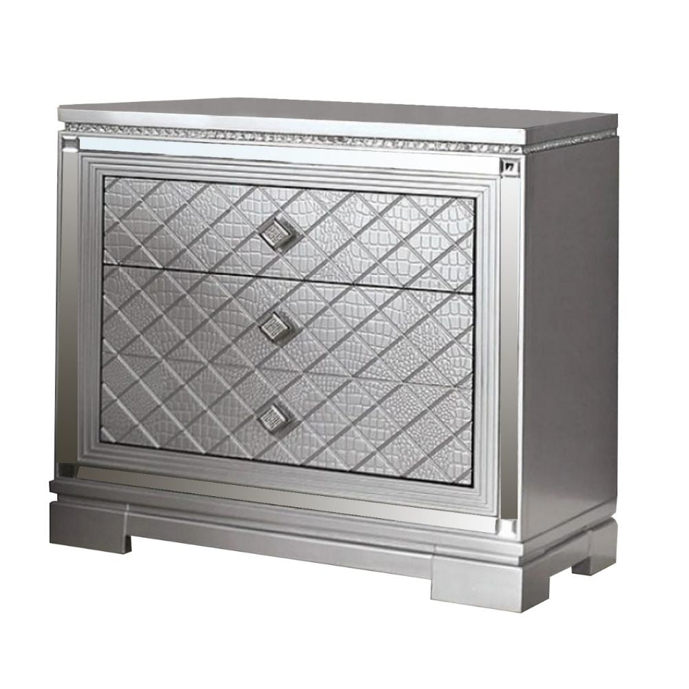 Blex 29 Inch Nightstand with 3 Drawers, Crossed Design, Silver Finish