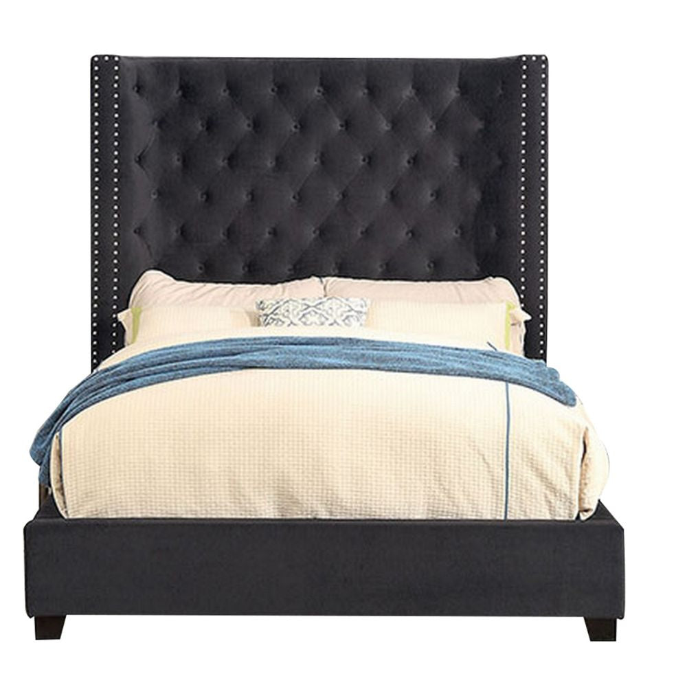 Gok California King Bed with Nailhead Trim, Tufted Gray Velvet Upholstery