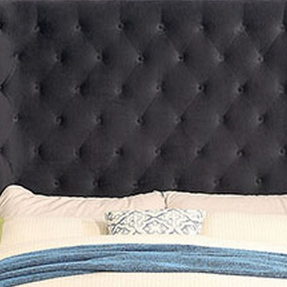 Gok California King Bed with Nailhead Trim Tufted Gray Velvet Upholstery BM300505