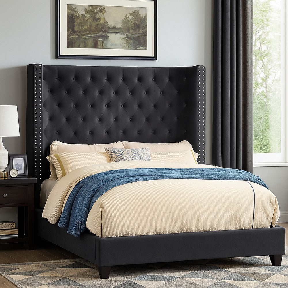 Gok California King Bed with Nailhead Trim, Tufted Gray Velvet Upholstery