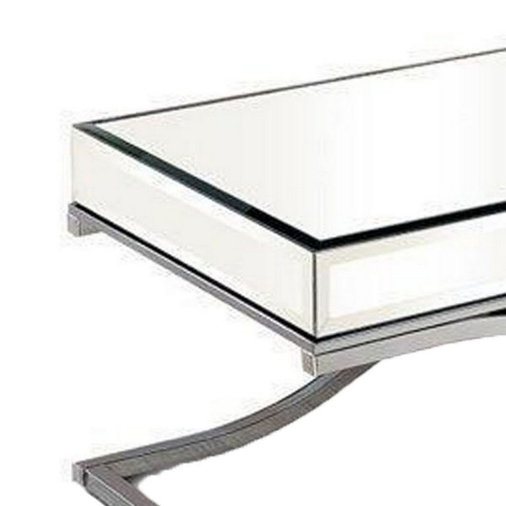 Gavin 48 Inch Coffee Table Mirrored Panels Curved Crossed Frame Chrome BM300549