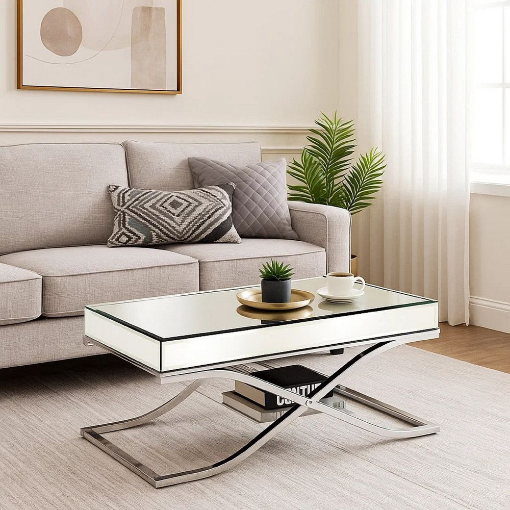 Gavin 48 Inch Coffee Table, Mirrored Panels, Curved Crossed Frame, Chrome