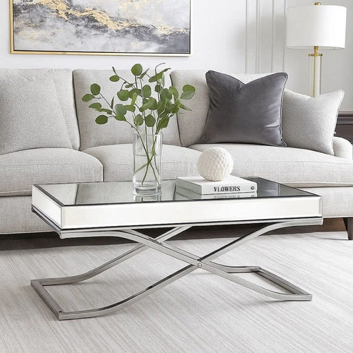 Gavin 48 Inch Coffee Table, Mirrored Panels, Curved Crossed Frame, Chrome