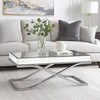 Gavin 48 Inch Coffee Table, Mirrored Panels, Curved Crossed Frame, Chrome